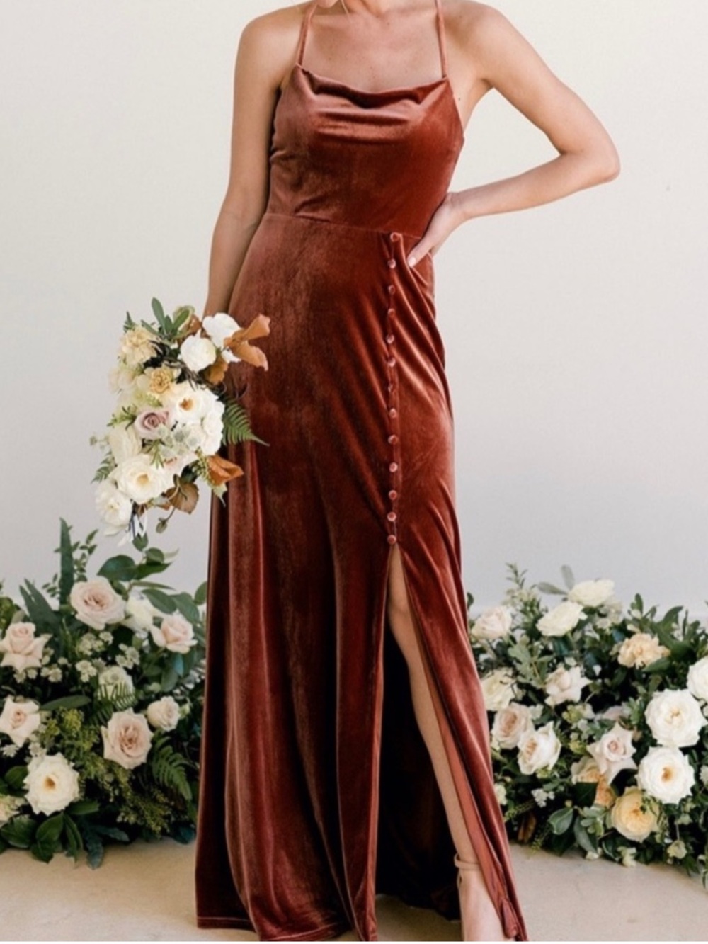 Revelry Billie Velvet Leg Slit Maxi Dress in Terracotta Rust Size US 4